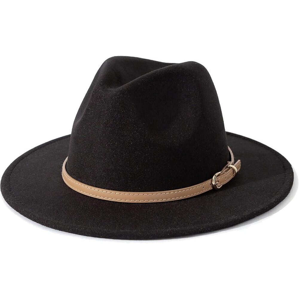 🔥 Lisianhus Classic Felt Fedora Women Black Wide Brim Fashion Belt Buckle Hats
